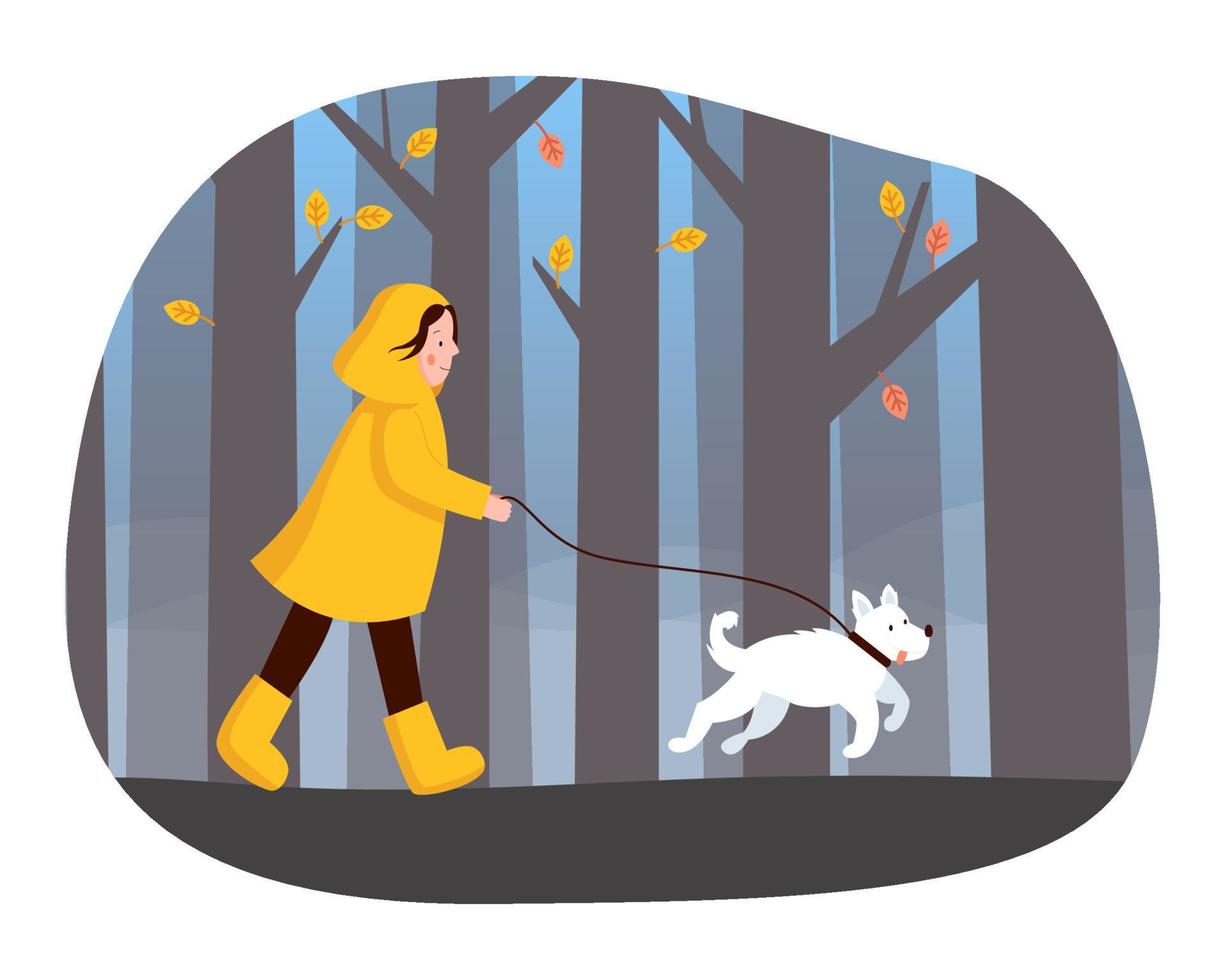 A girl in a yellow raincoat and boots walks in the fall park with a white dog. A woman walks through the autumn forest. Vector flat illustration.