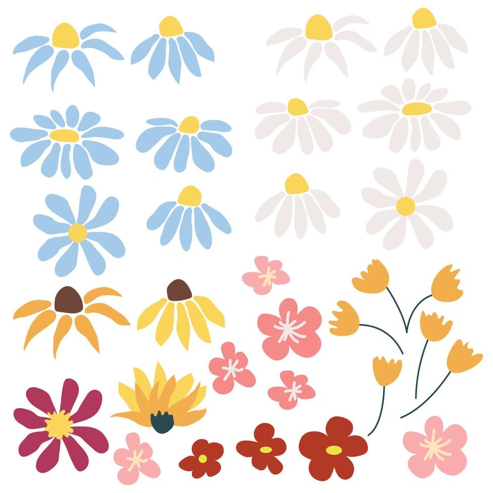 conjunto de flores de estilo retro de 1970 en colores brillantes. para tarjetas de felicitación, pascua, acción de gracias, scrapbooking vector