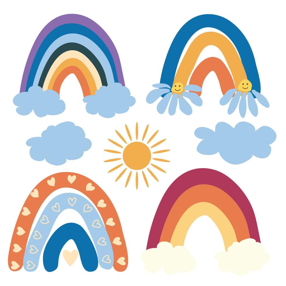 Collection of stickers from 1970s Rainbow. Set of hipster retro cool rainbow psychedelic elements. Cartoon sticker vector