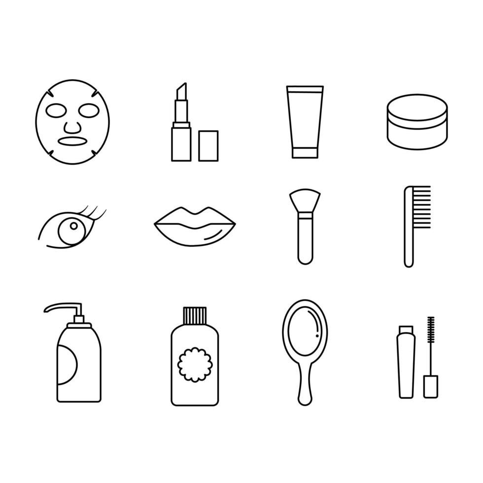 conjunto de rutina de cuidado de la piel. icono y símbolo. máscara, lápiz labial, labio, crema, espejo, champú y más. ilustración vectorial vector