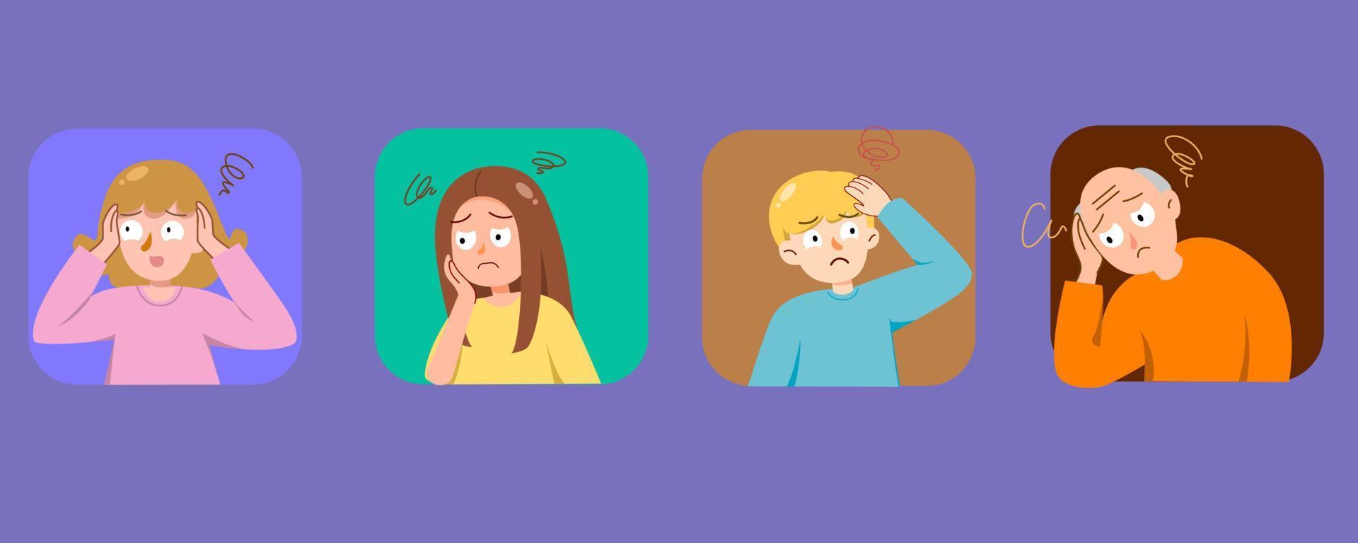 Set of people in depression. Unhappy, headache, tried and more. Vector illustration