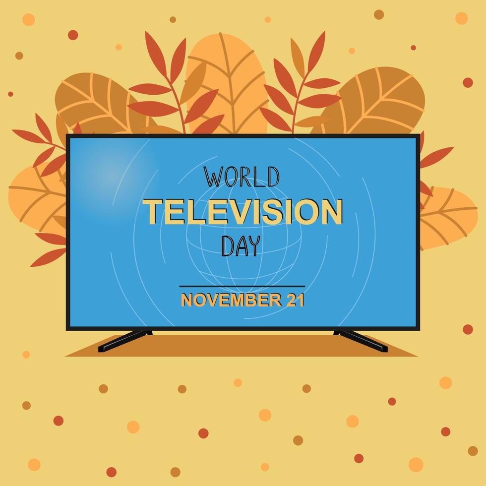 cartel del día mundial de la televisión. ilustración vectorial de otoño con hojas coloridas y televisión en el centro. 21 de noviembre vector