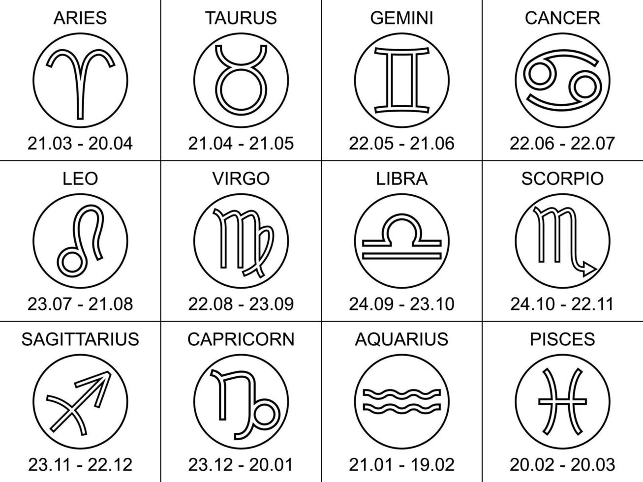 Vector zodiac line art icons. Set of horoscope elements with names and dates. Outline symbols of 12 zodiac