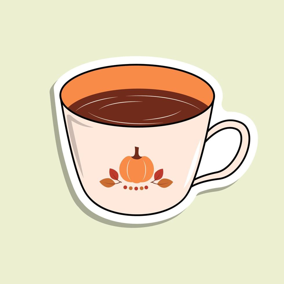 Isolated vector cup with beverage on the light green background. A cup with pumpkin and leaves and red dots. Cartoon sticker