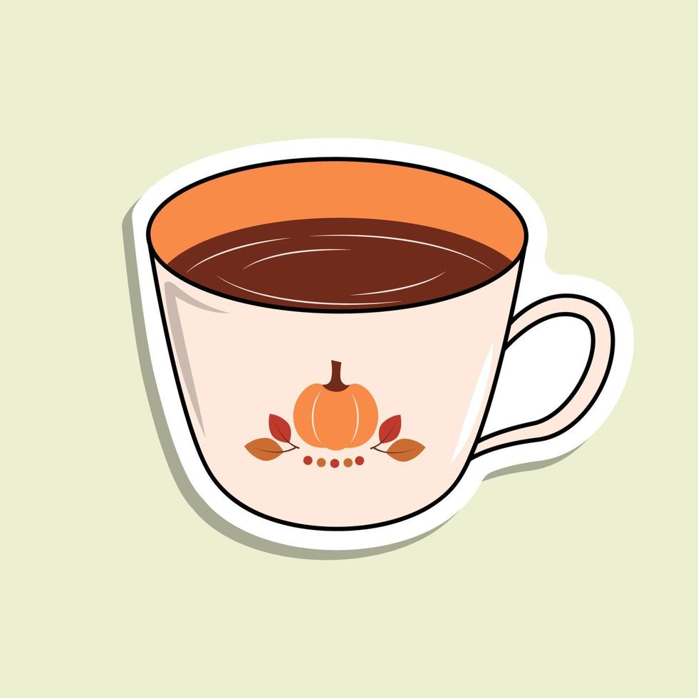 taza vectorial aislada con bebida en el fondo verde claro. una taza con calabaza y hojas y puntos rojos. pegatina de dibujos animados vector