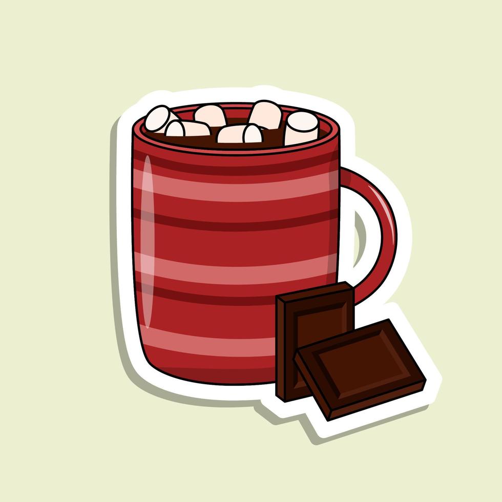 Isolated vector cup with beverage and marshmallow and chocolate bar. Red cup with stripes. Colorful cartoon sticker.