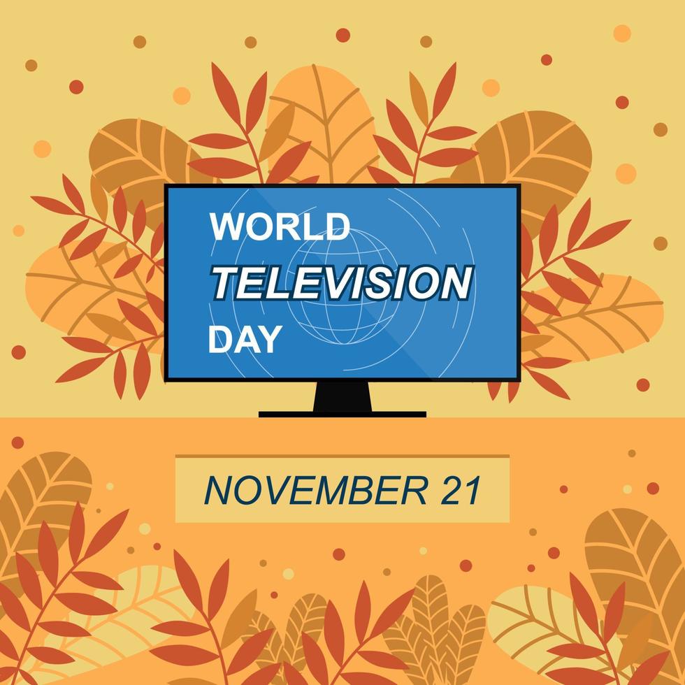 World television day banner. Vector autumn illustration with colorful leaves and television in the center. November 21