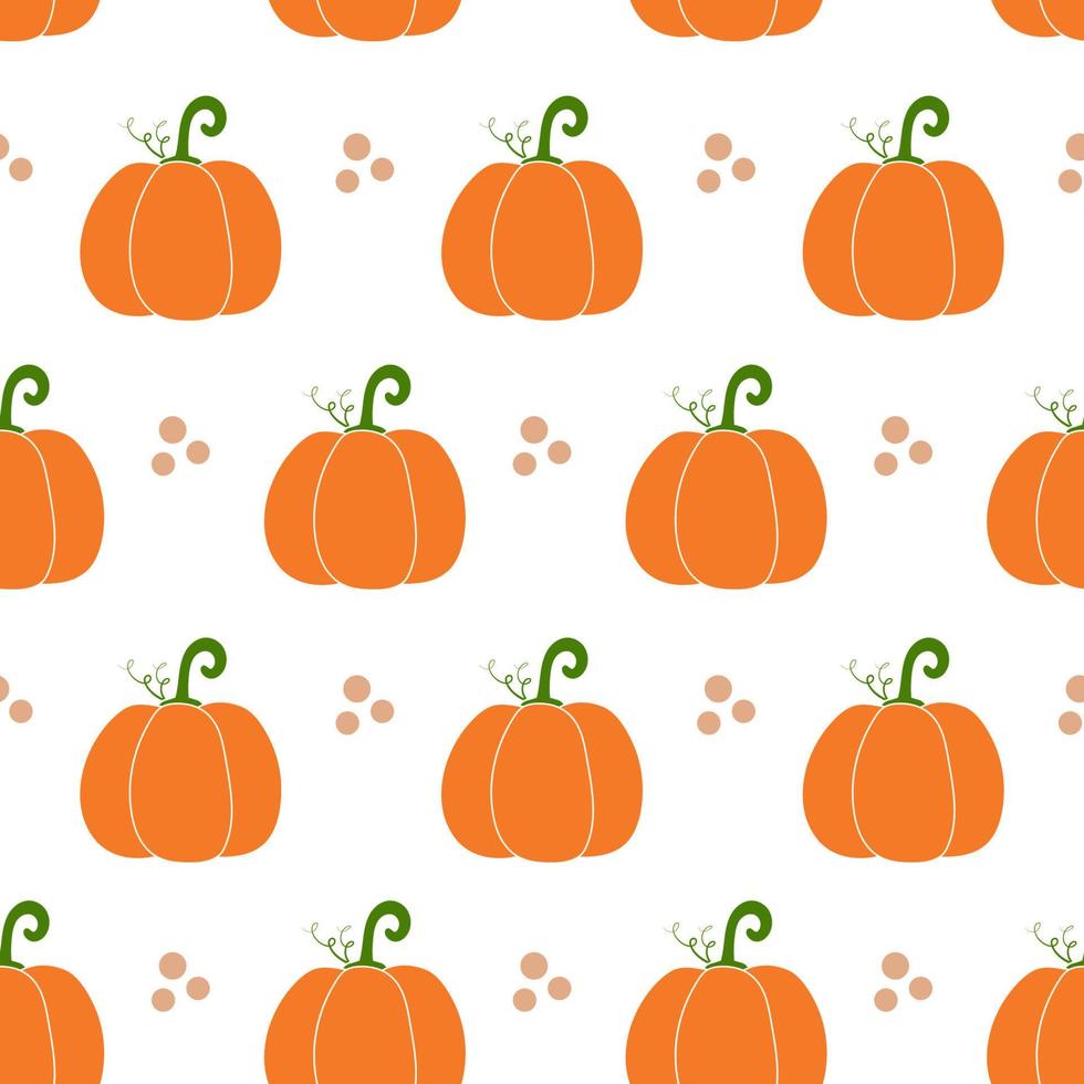 Vector seamless pumpkin pattern. Repeated simpe illustrations and dots. Harvest pattern on white background