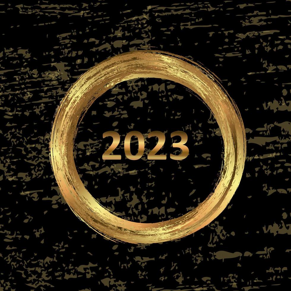 Happy New Year 2023 greeting card poster. Black background. Confetti. Circle frame. vector