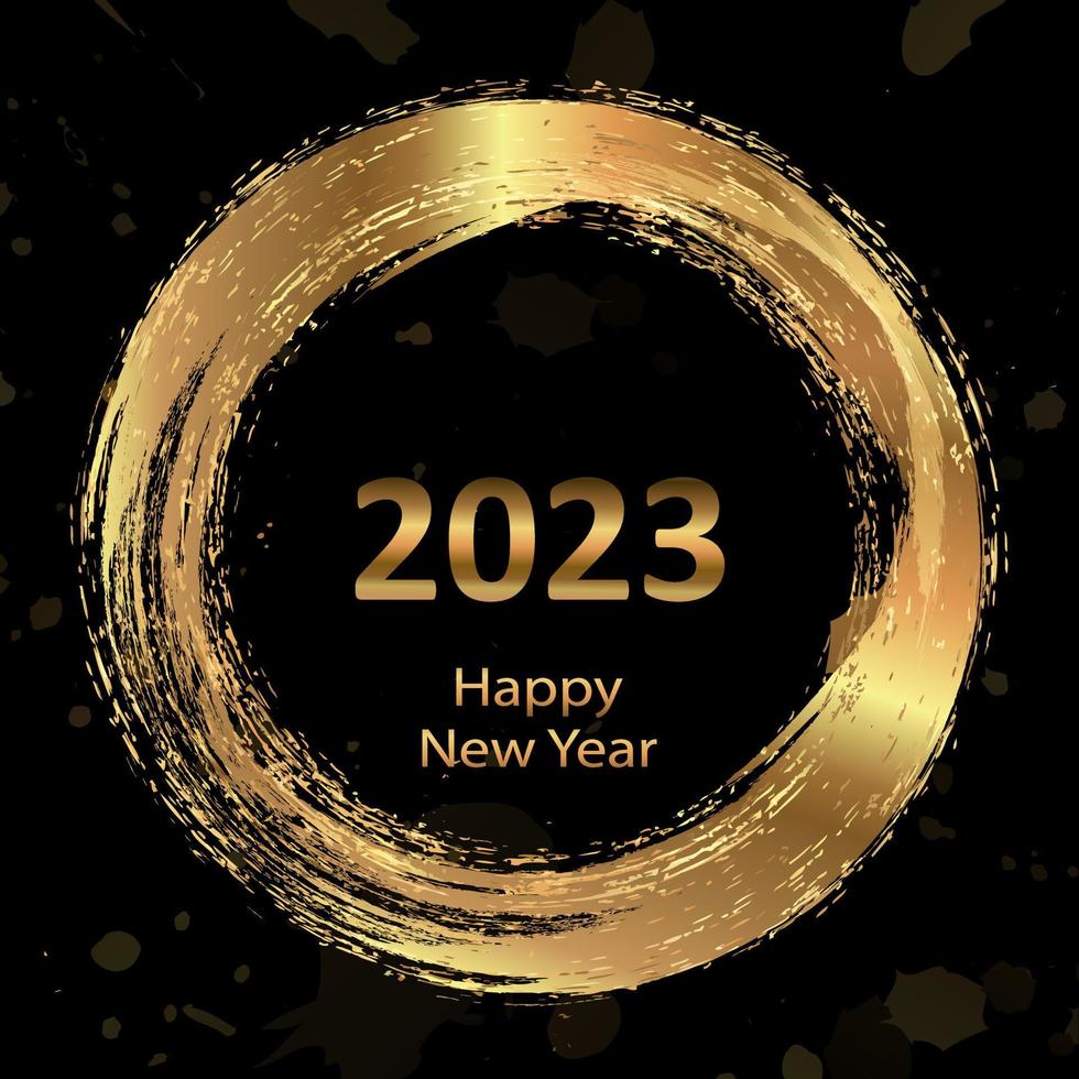 Happy New Year 2023 greeting card poster. Black background. Confetti. Circle frame. vector