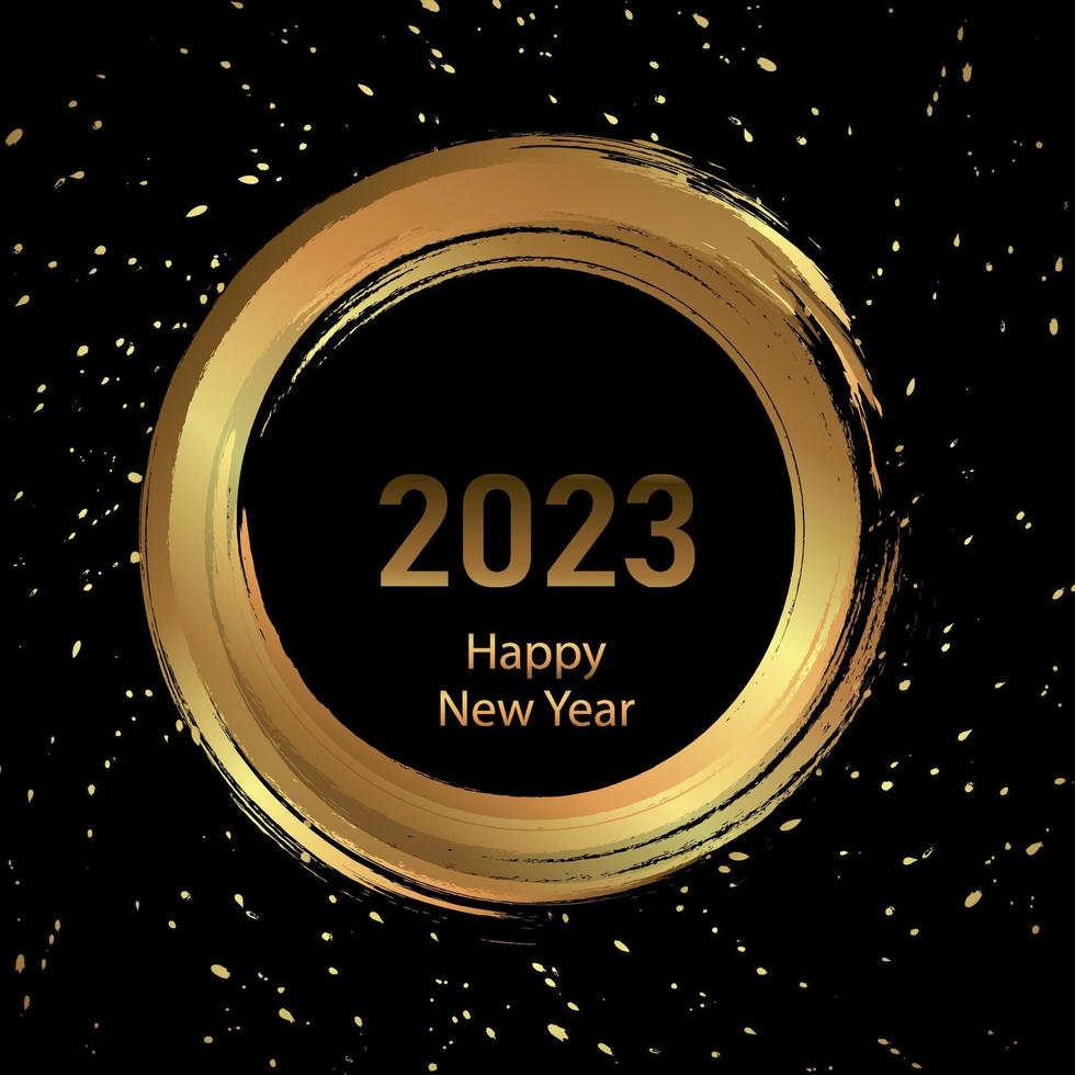Happy New Year 2023 greeting card poster. Black background. Confetti. Circle frame. vector