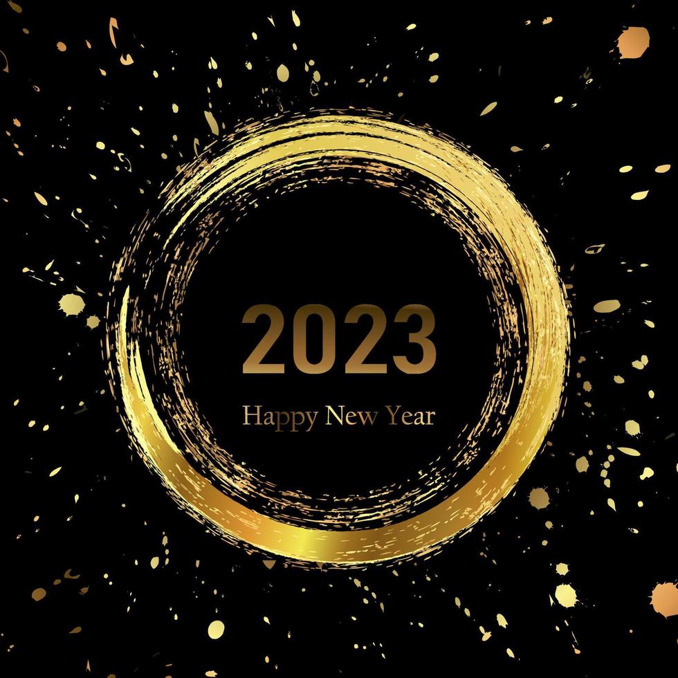 Happy New Year 2023 greeting card poster. Black background. Confetti. Circle frame. vector