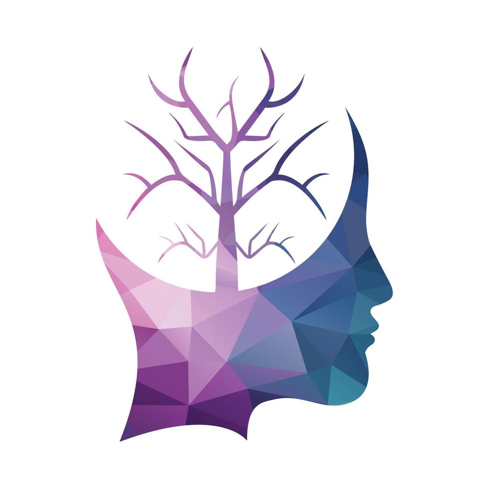 Female head with brain tree logo concept. Organic brain tree mind concept design. vector