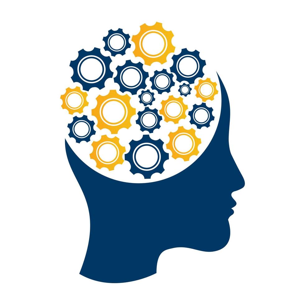 Technology Human Head Logo Icon Design. Digital woman head brain shape with gears idea concept innovation genius. vector