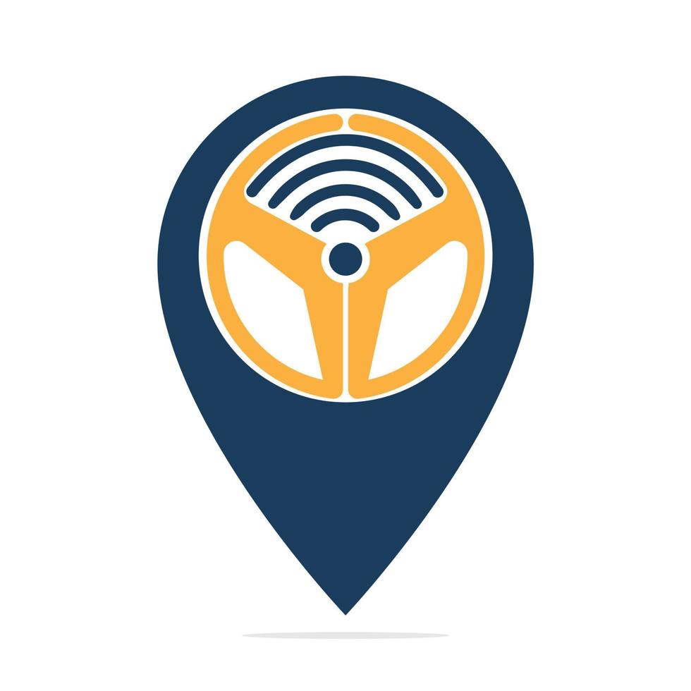 Combinación de logotipo de puntero de mapa y timón de coche. volante y diseño de vector de símbolo de localizador gps.