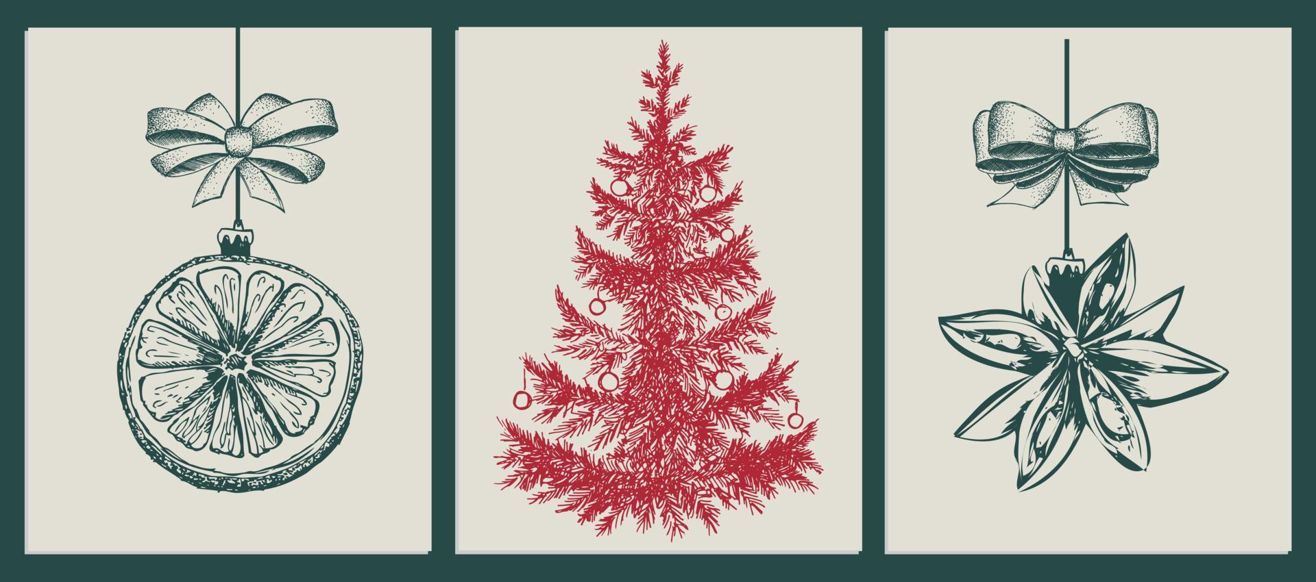 conjunto de árbol de navidad, galleta y bola de navidad, ilustración dibujada a mano. vector