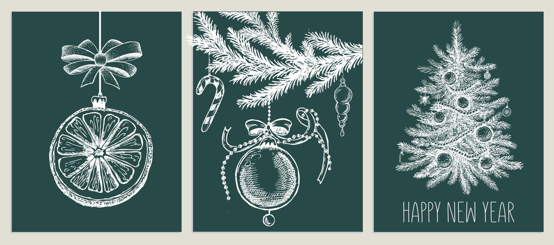 conjunto de árbol de navidad, galleta y bola de navidad, ilustración dibujada a mano. vector