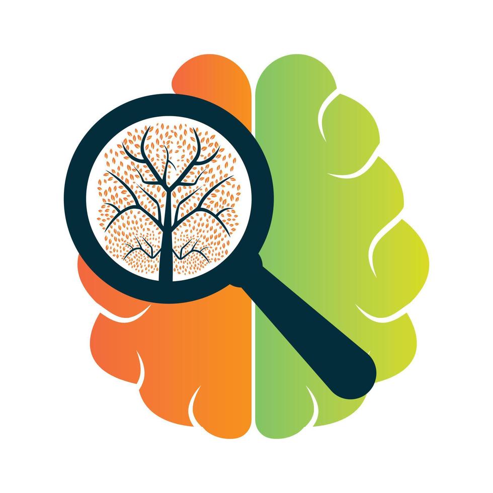 Organic brain magnifying glass and tree logo design. Tree find in mind concept design. vector