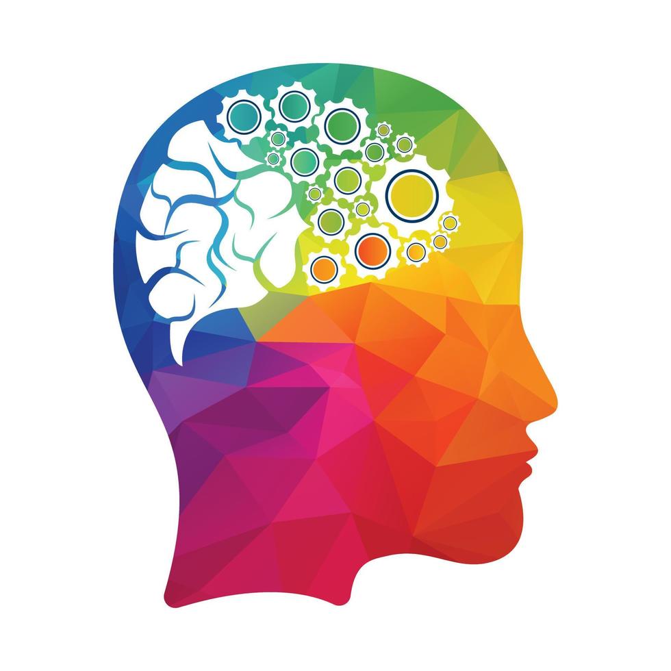 Technology Human Head Logo Icon Design. Digital woman head brain shape with gears idea concept innovation genius. vector