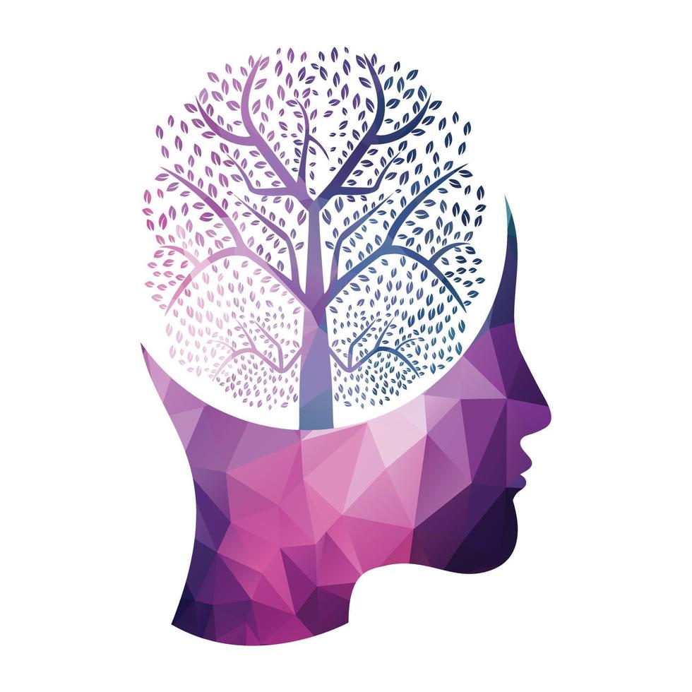 Female head with brain tree logo concept. Organic brain tree mind concept design. vector