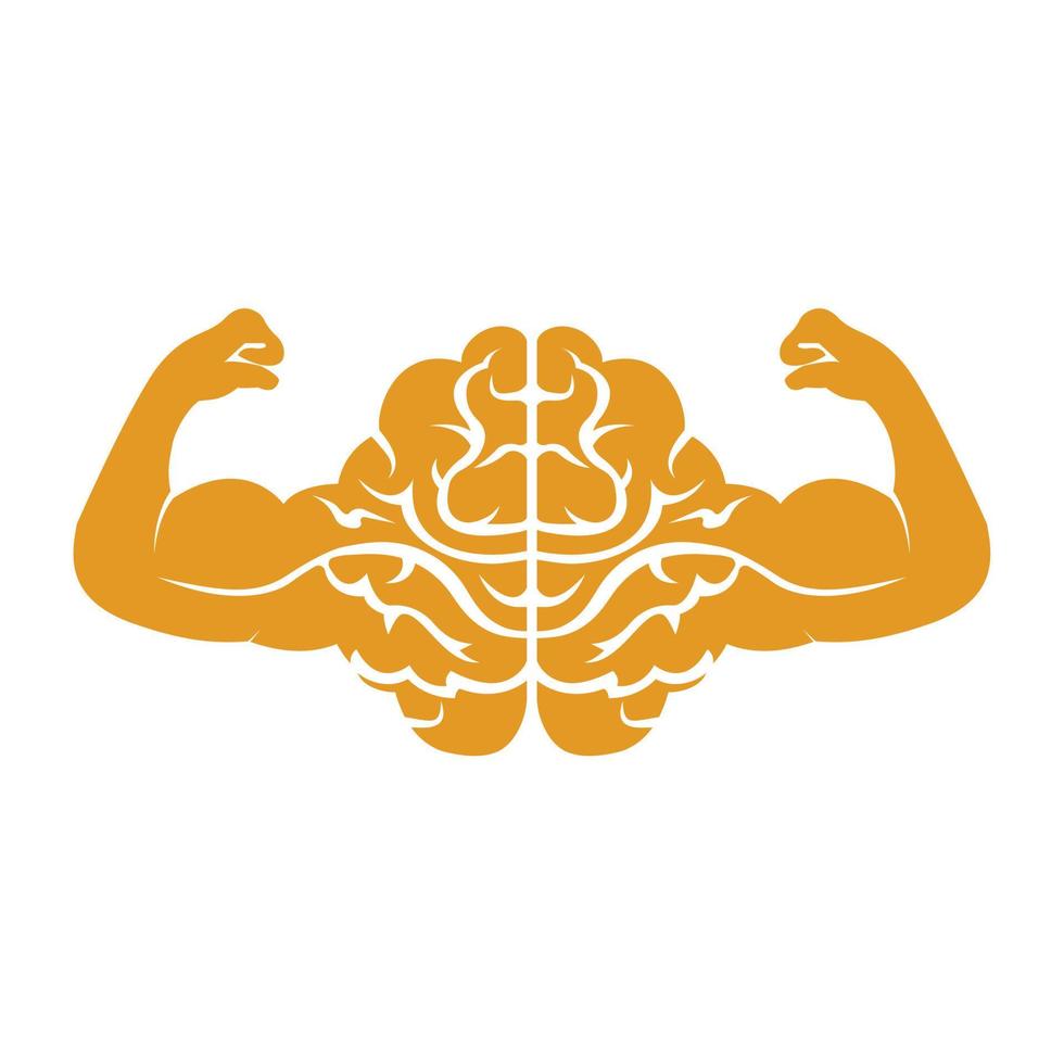 Strong brain vector logo design. Brain with strong double biceps.