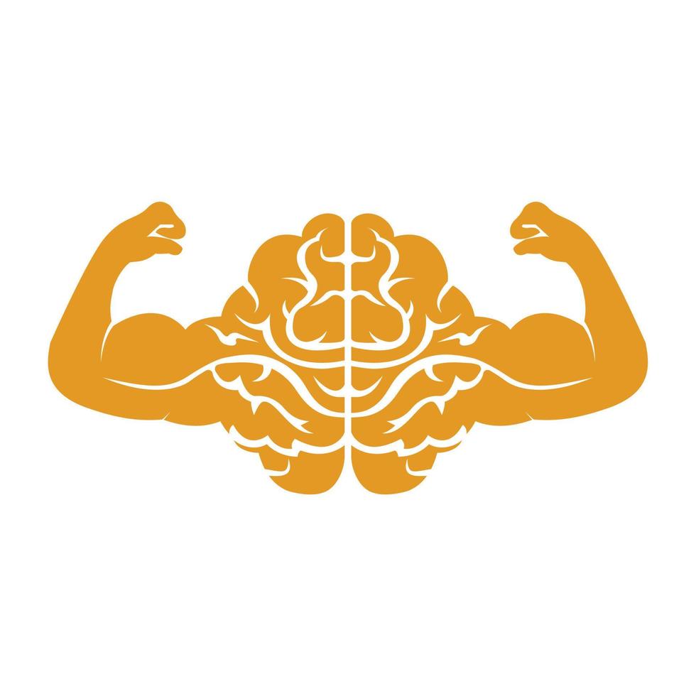 Strong brain vector logo design. Brain with strong double biceps.