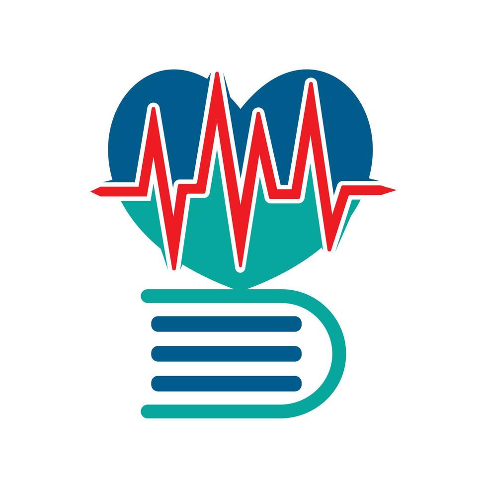 estudio del concepto de logotipo de cardiología. combinación de latidos del corazón con libro. vector