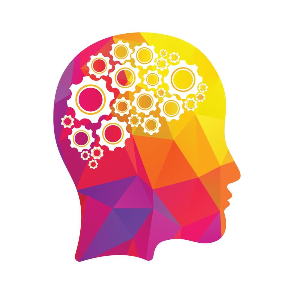 diseño de icono de logotipo de cabeza humana de tecnología. forma de cerebro de cabeza de mujer digital con genio de innovación de concepto de idea de engranajes. vector