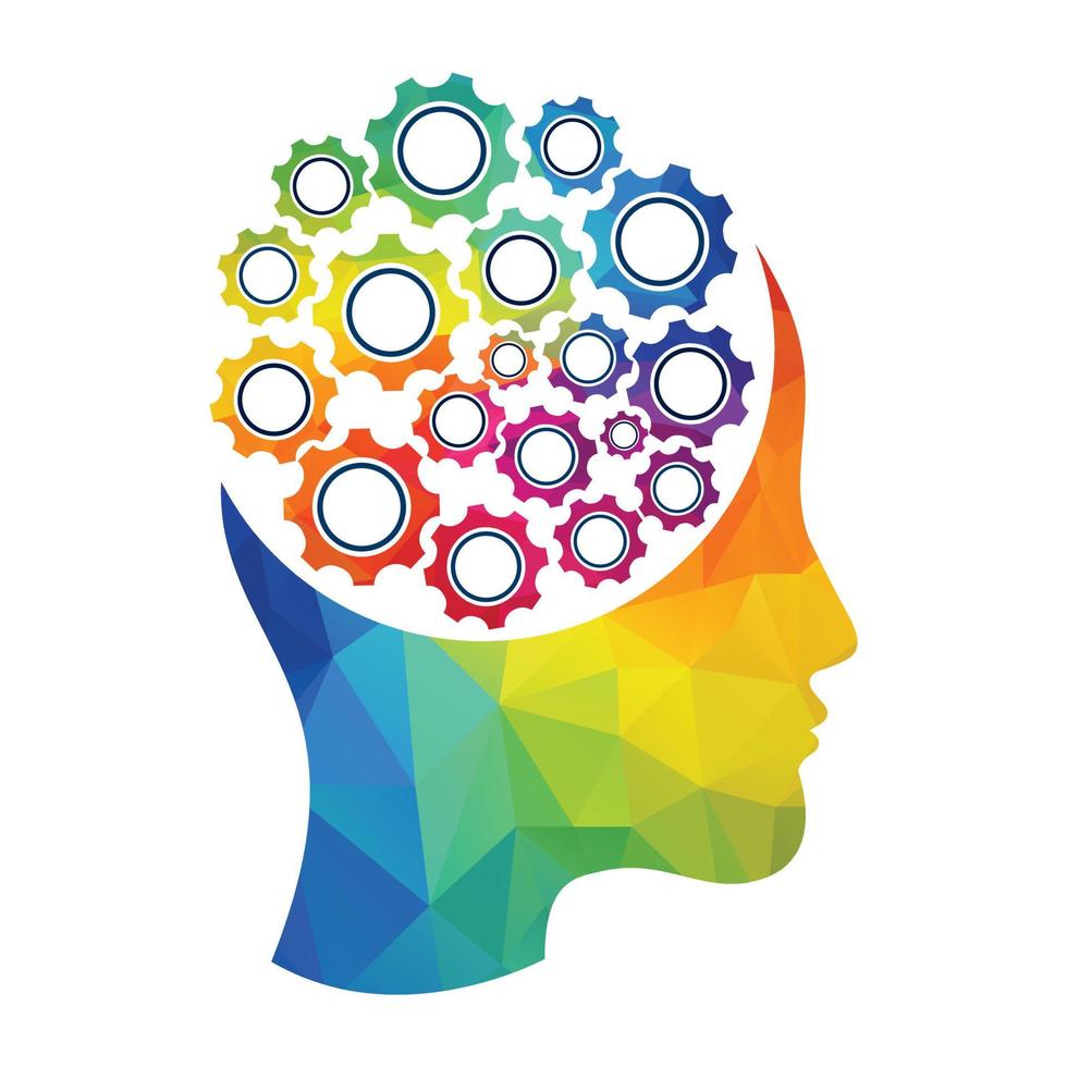Technology Human Head Logo Icon Design. Digital woman head brain shape with gears idea concept innovation genius. vector