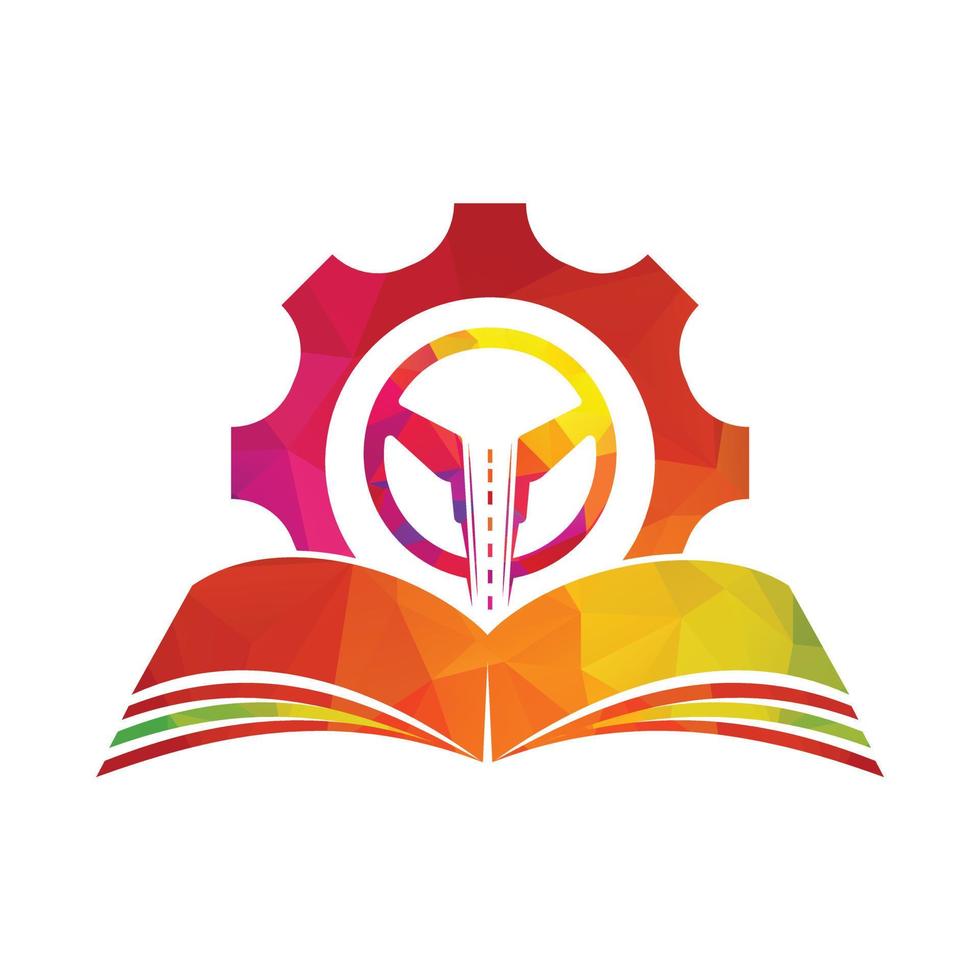 diseño del logotipo de la escuela de conducción. volante con cog e icono de libro. vector