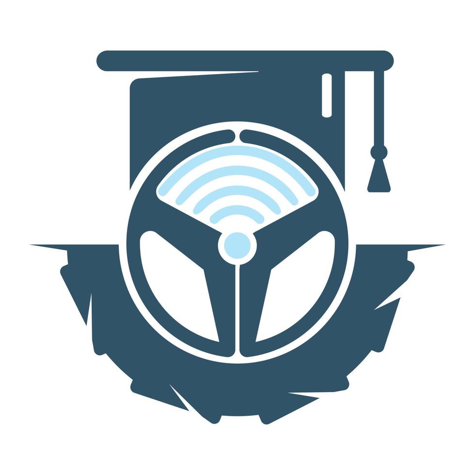 Driving school logo design template. Graduation cap whit tire and wheel. vector