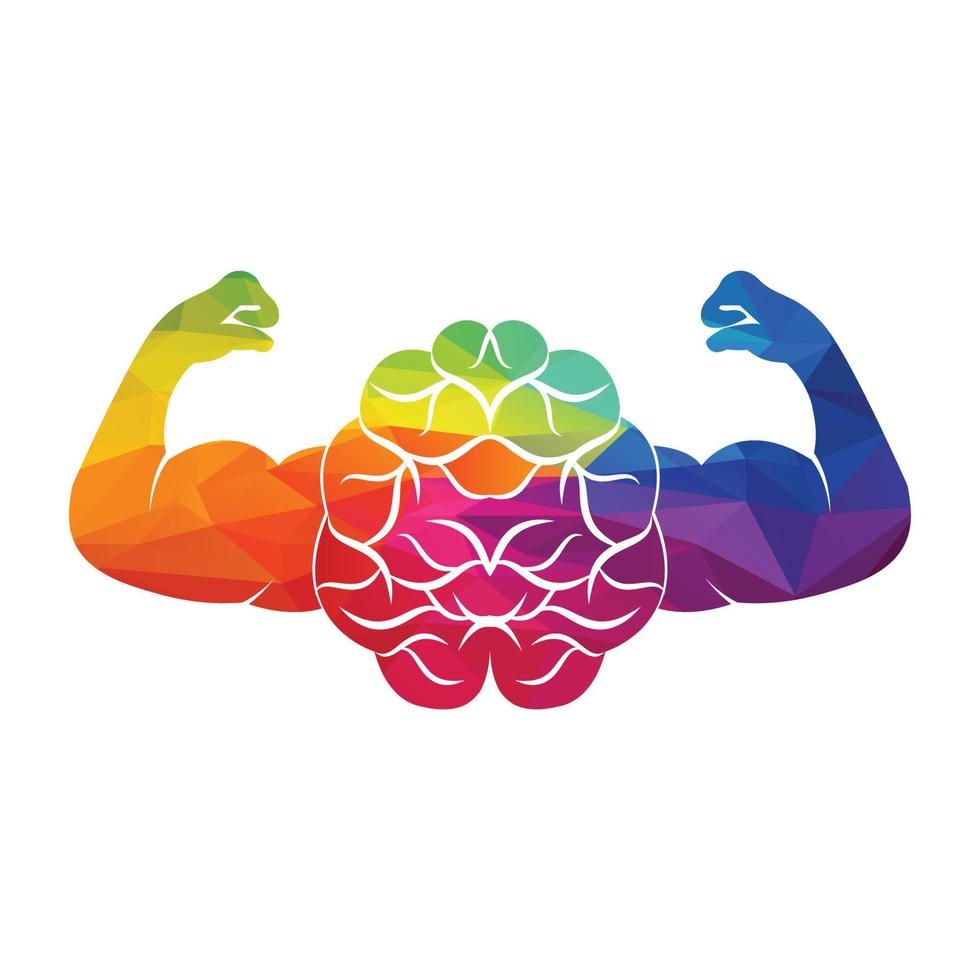 Strong brain vector logo design. Brain with strong double biceps.