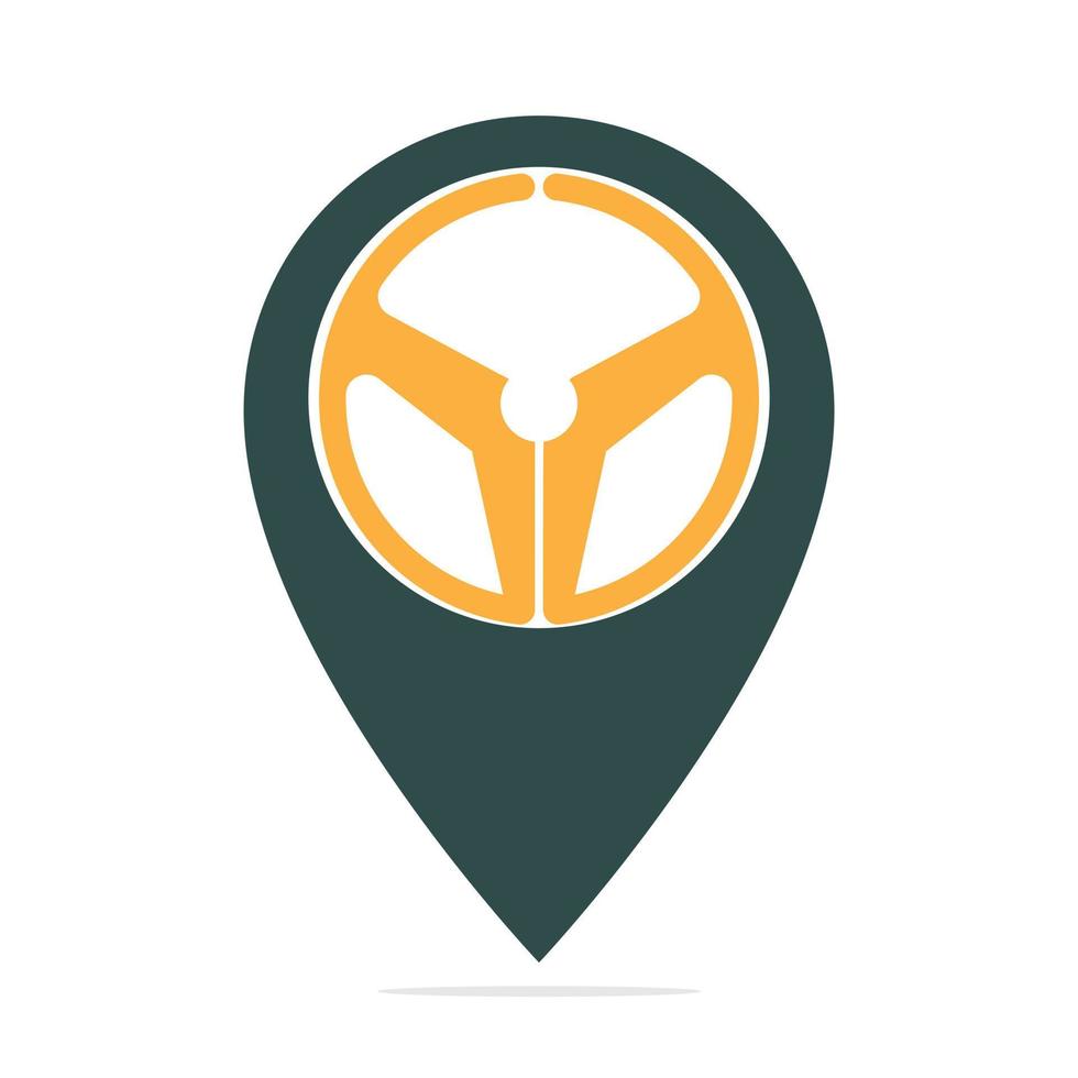 Car helm and map pointer logo combination. Steering wheel and gps locator symbol vector design.