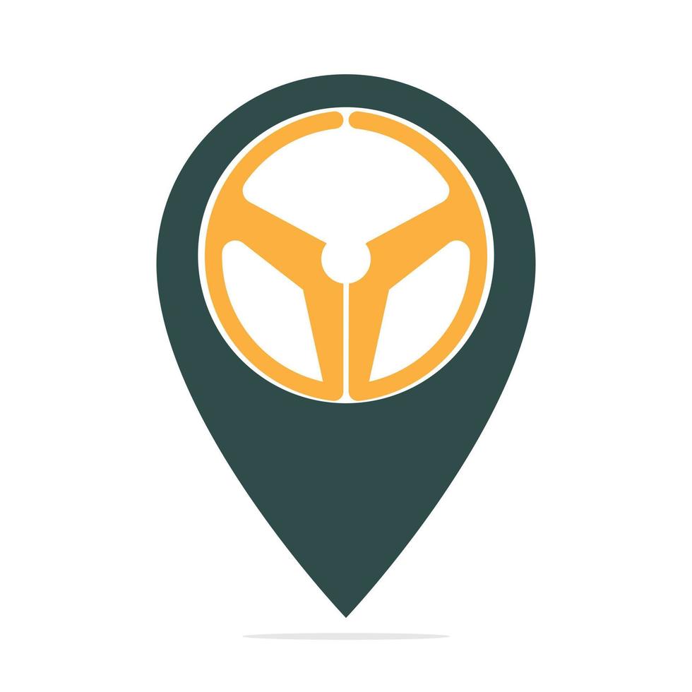 Combinación de logotipo de puntero de mapa y timón de coche. volante y diseño de vector de símbolo de localizador gps.