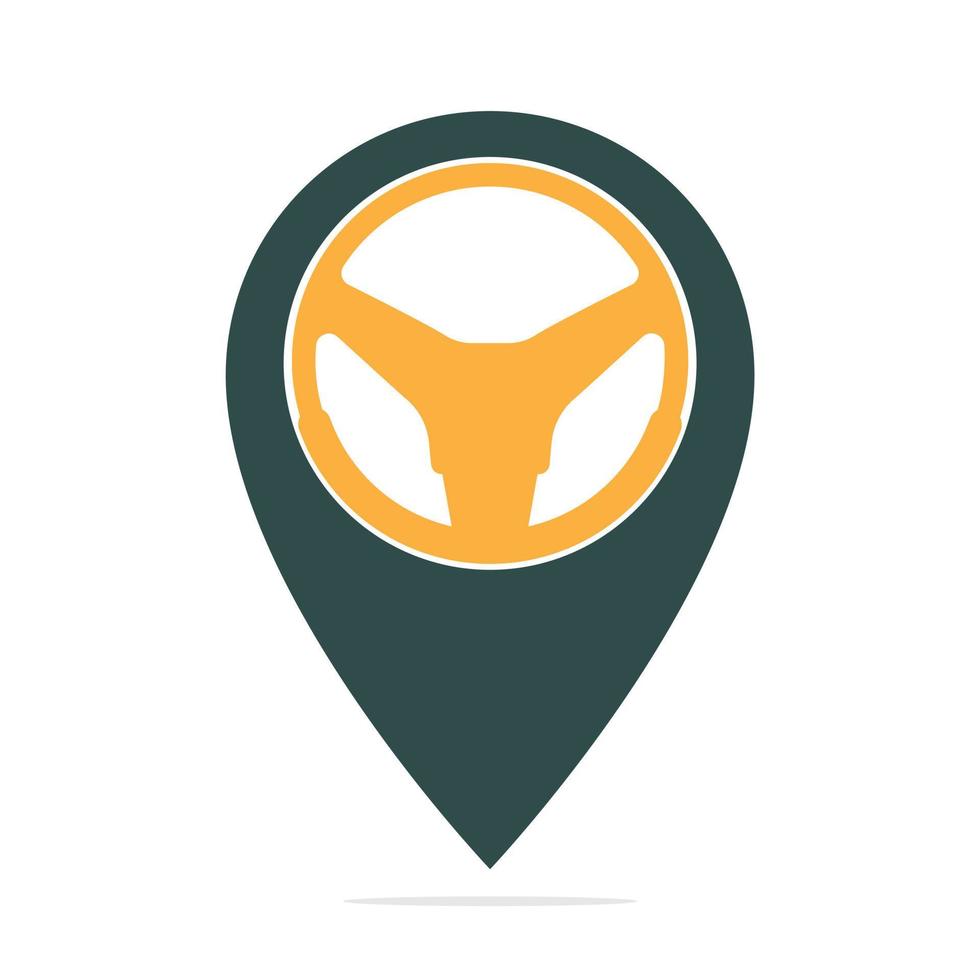 Combinación de logotipo de puntero de mapa y timón de coche. volante y diseño de vector de símbolo de localizador gps.