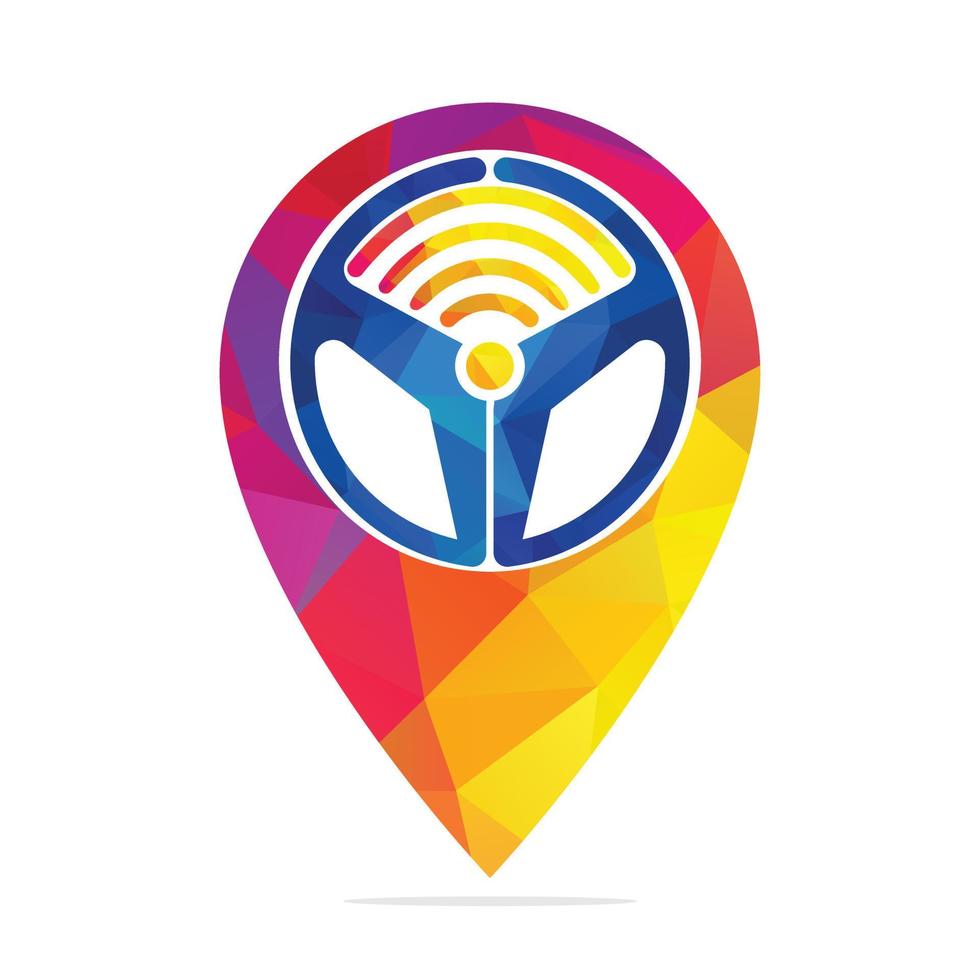 Combinación de logotipo de puntero de mapa y timón de coche. volante y diseño de vector de símbolo de localizador gps.