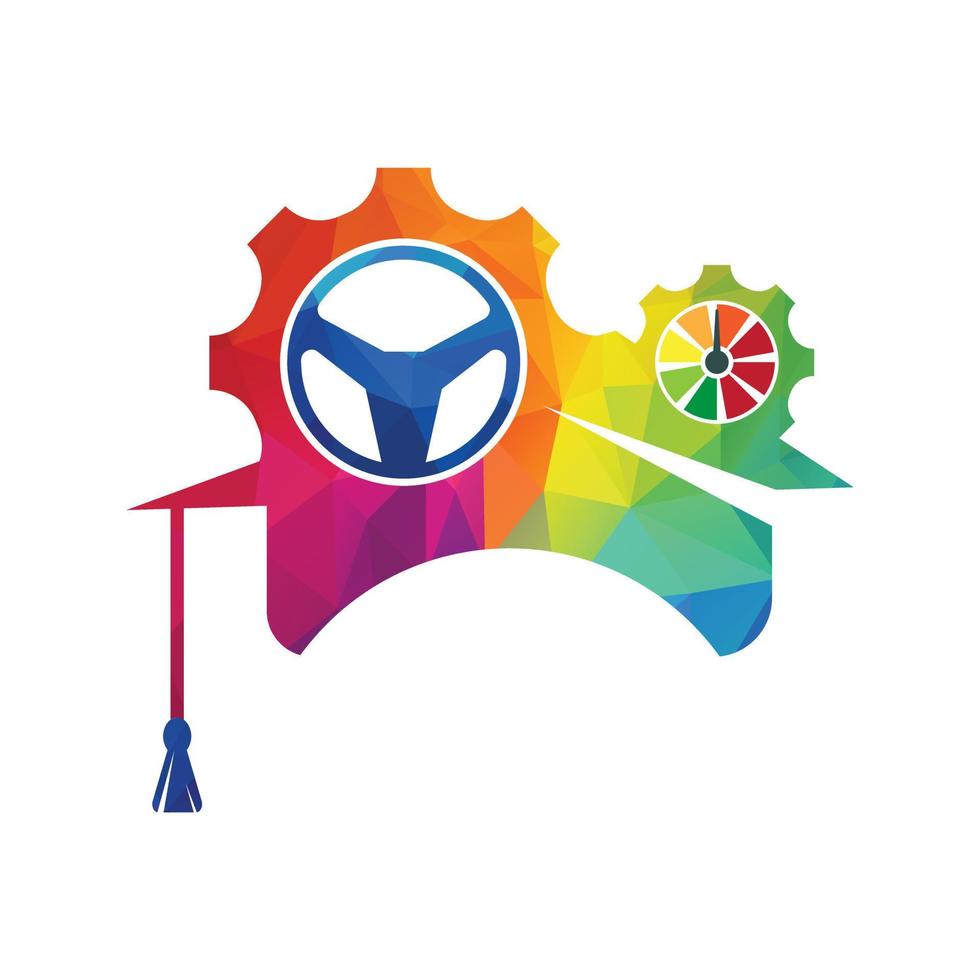 Graduation cap With steering wheel and Gear icon. Technical education logo. vector