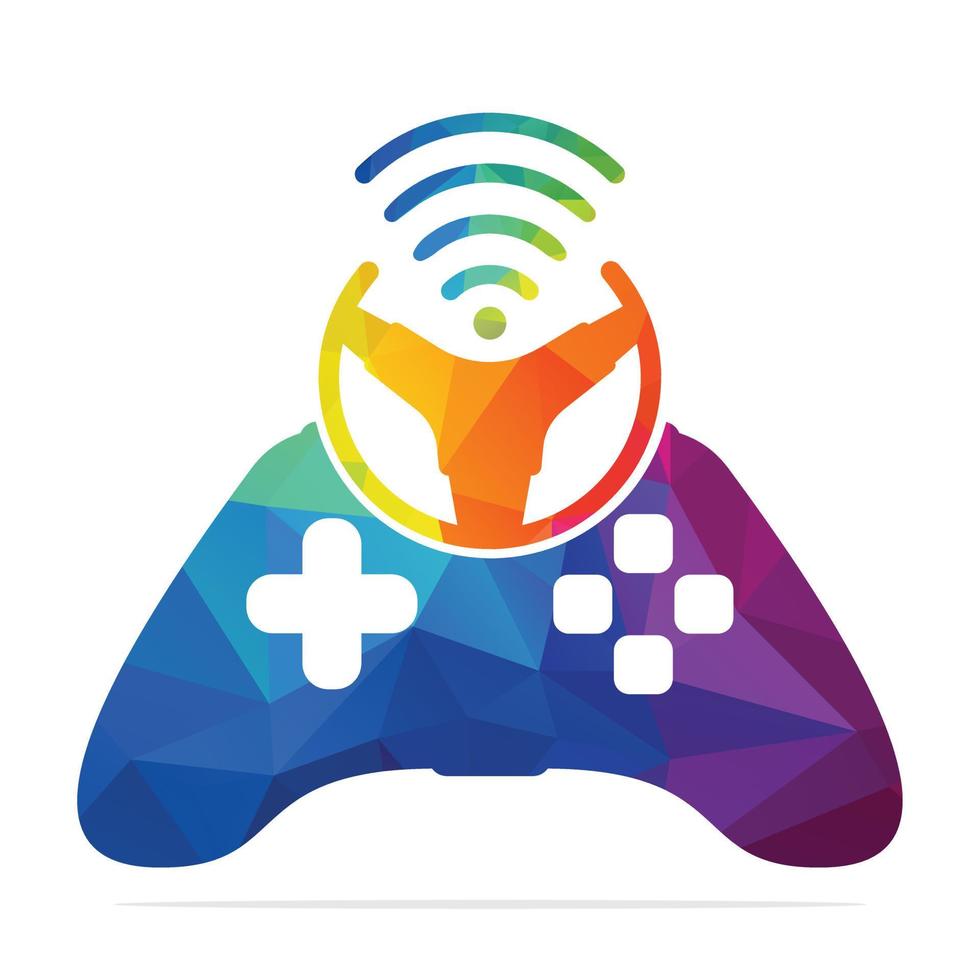 Combinación de joystick de volante y logo wifi. diseño del vector del logotipo del concepto del volante del juego.