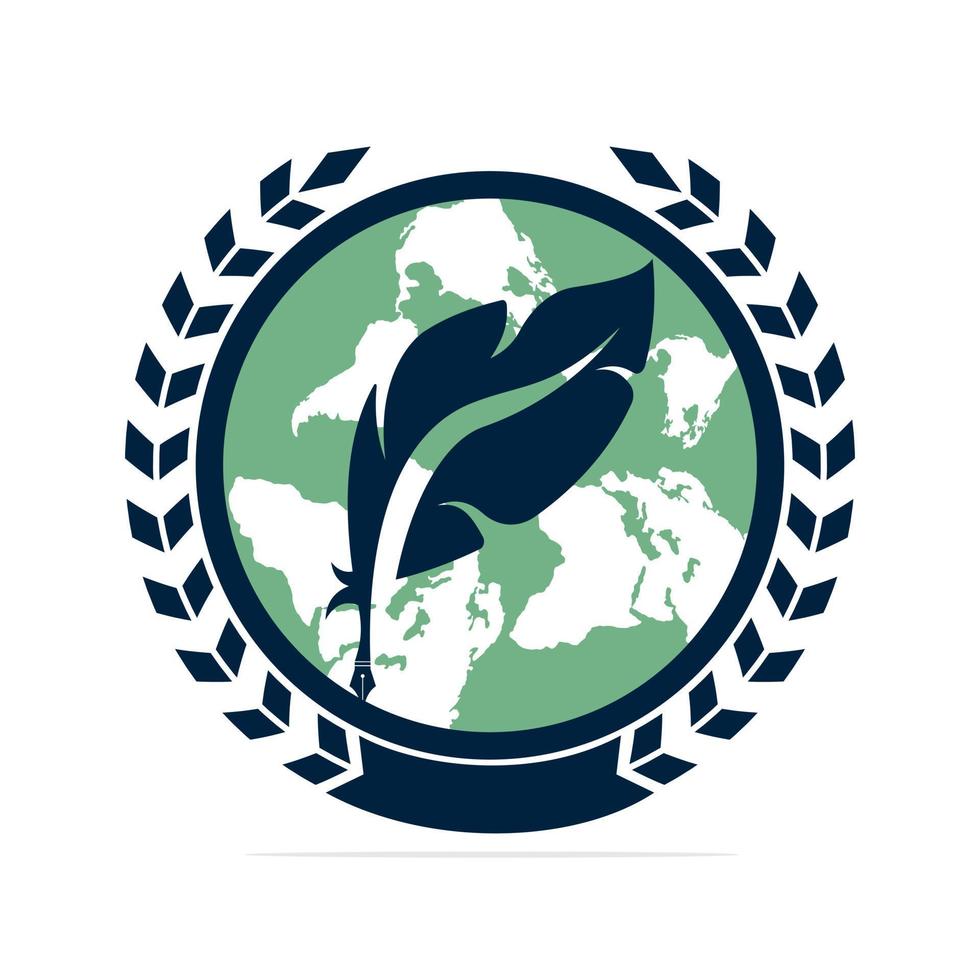 Feather Pen and planet logo combination. Unique law and globe logotype design template. vector