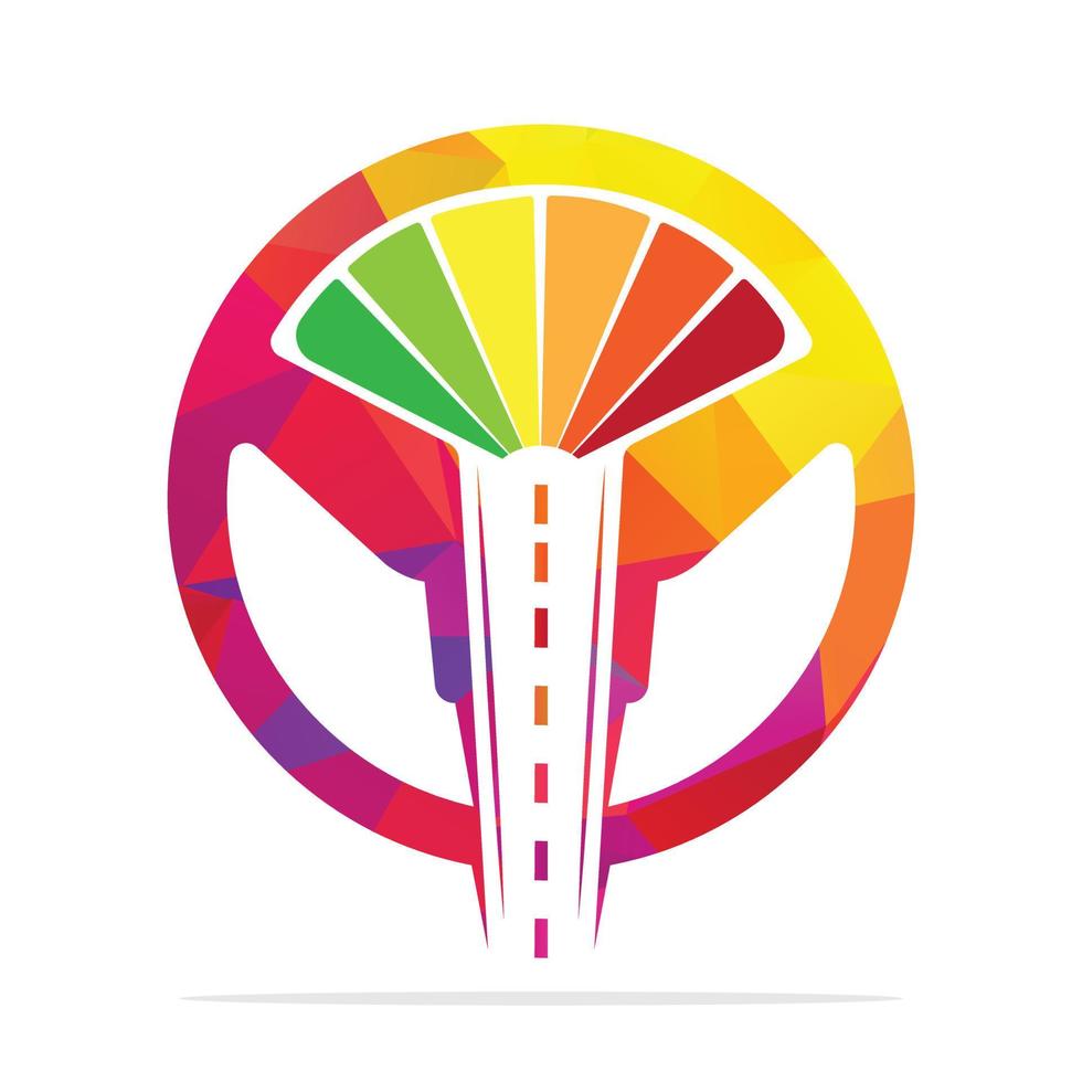diseño del logotipo de la escuela de conducción. icono de vector de carretera y medidor de velocidad del volante.