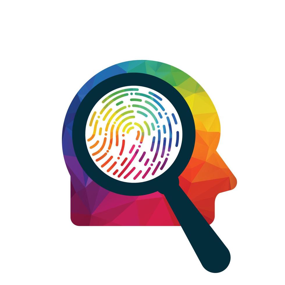 Magnifier Glass In Man Silhouette Mind. Finger print find in man head. vector