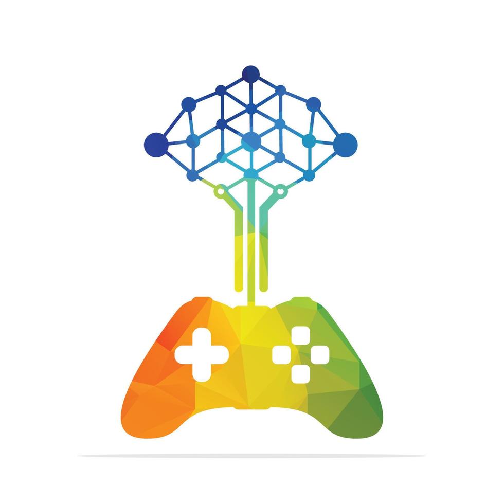 Plantilla de diseño de concepto de logotipo de árbol de red de juegos. joystick con diseño de vector de icono de árbol técnico.