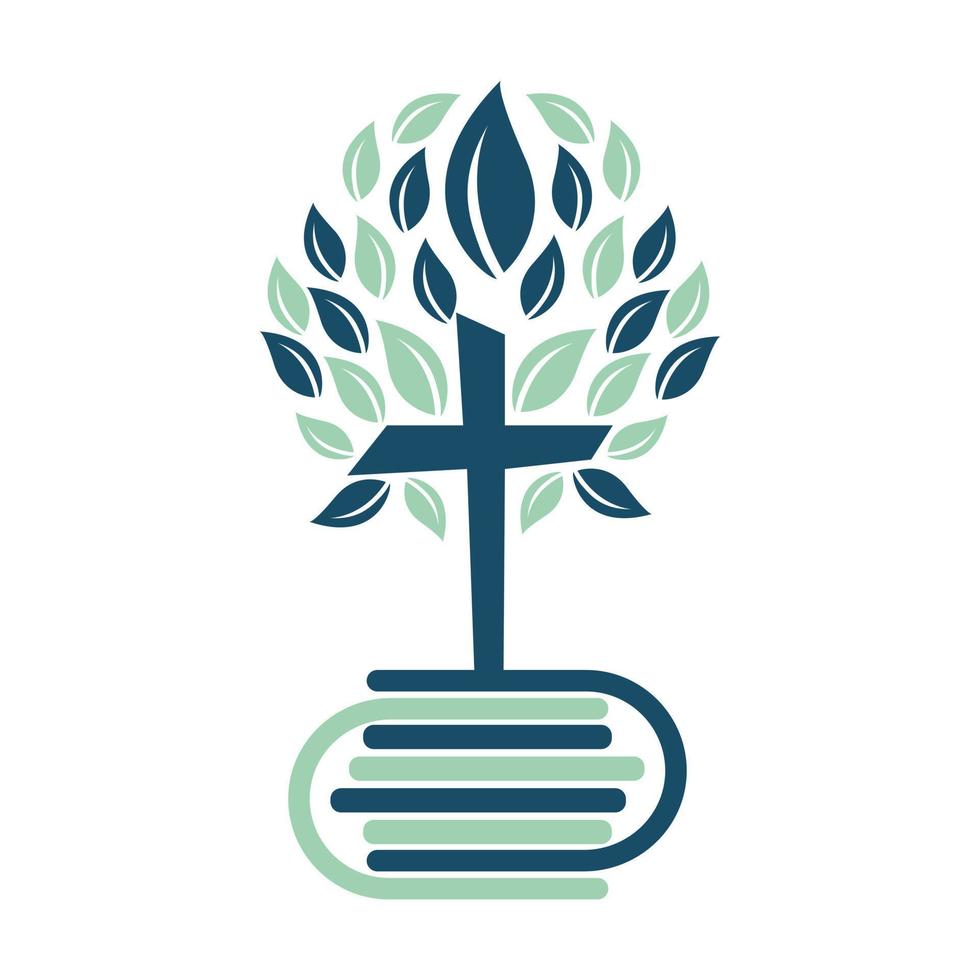 diseño del logotipo del árbol cruzado de la biblia. diseño de plantilla de vector de cruz de árbol de iglesia cristiana.