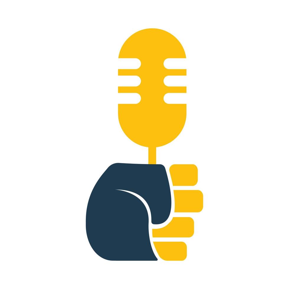 mano humana sosteniendo fuertemente el micrófono del micrófono. diseño de concepto de logotipo de micrófono y puño. vector