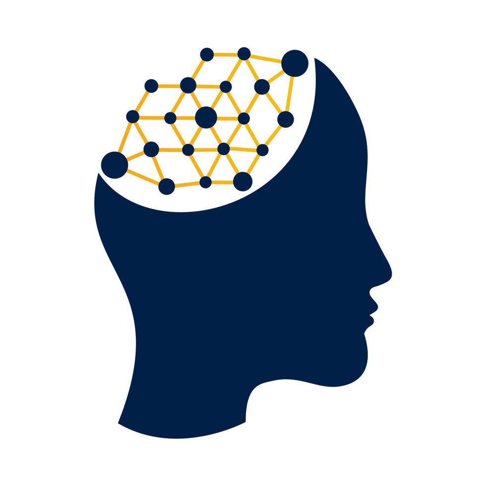 Human brain as digital circuit board. Artificial intelligence icon. Techno woman head logo concept creative idea. vector