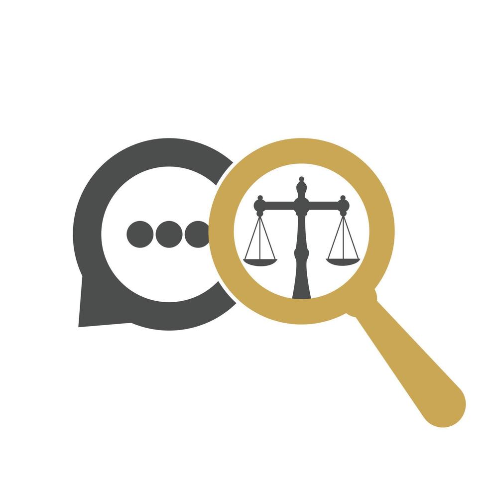 Magnifying Glass and Scale of Justice Logo Template Design. Attorney Balance Combination with Chat Logo. vector