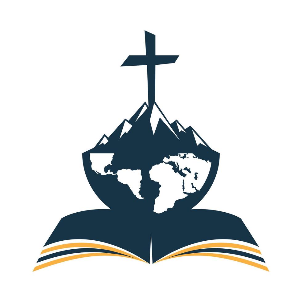 diseño vectorial del logotipo cruzado de la biblia global con montaña. cruz en la montaña con el libro de acebo. vector