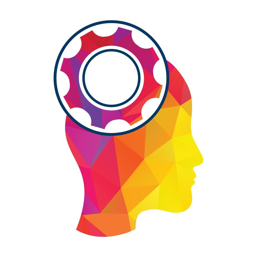 Technology Human Head Logo Icon Design. Digital woman head brain shape with gears idea concept innovation genius. vector