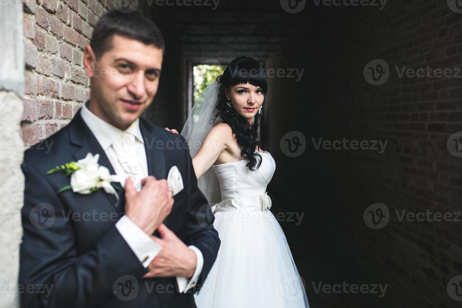 Charming European couple having a great time in the interior photo