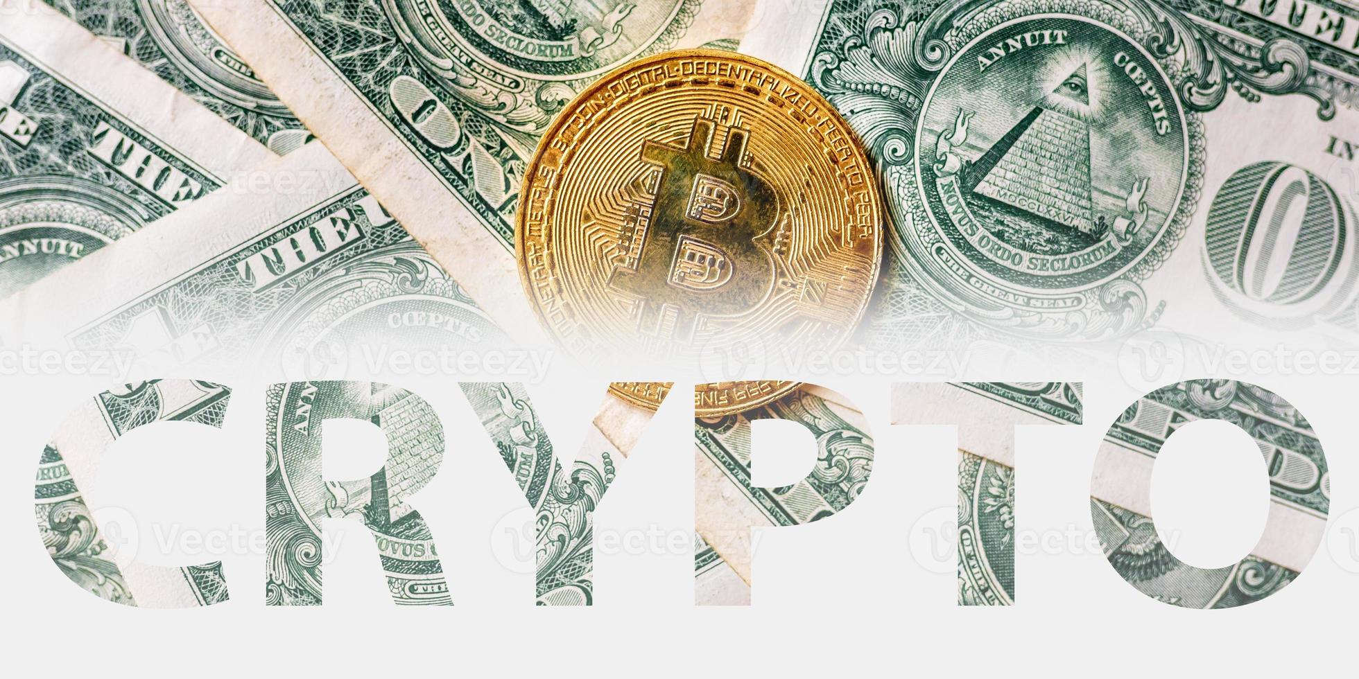 virtual money golden bitcoin on one dollar bill background. Concept of new world order of cryptocurrency. Exchange bitcoin cash for a dollar. photo
